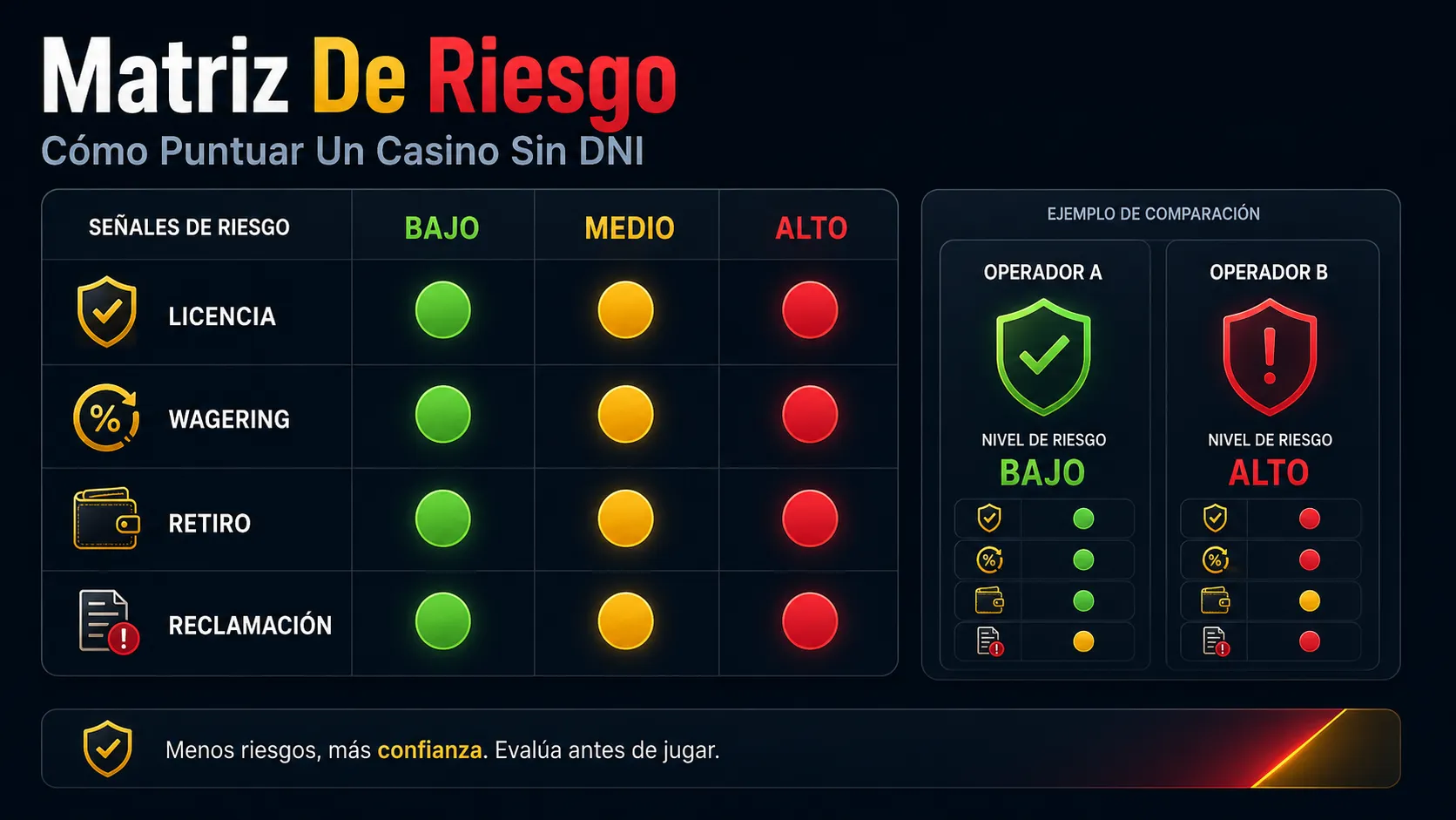 Matriz de riesgo: cómo puntuar un casino sin DNI antes de registrarte